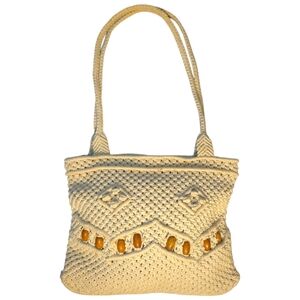 Vintage Handmade Woven Cotton Wood Beaded Handbag / Purse Boho Hippie